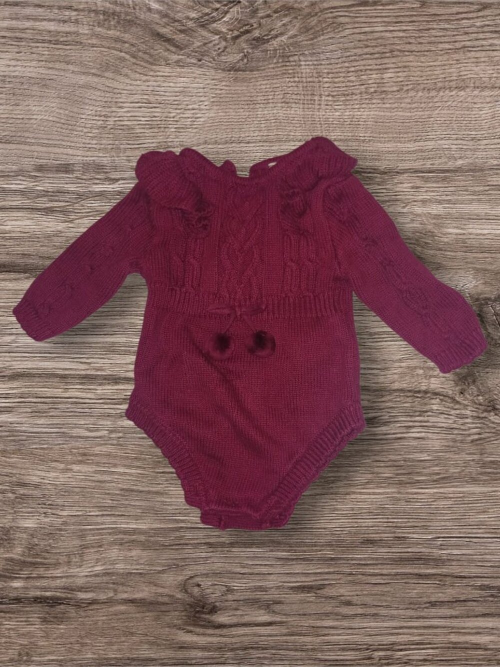 Wee Ones 3M Burgundy Cable Knit Sweater Romper with Pom Pom Detail